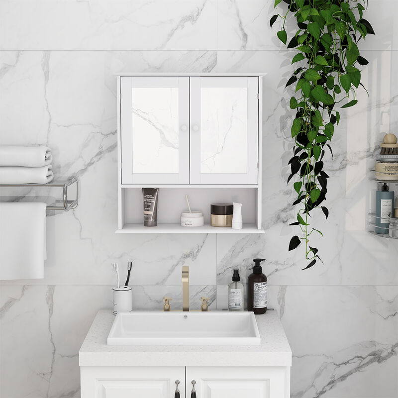 Bathroom Wall Cabinet with Double Mirror Doors and Shelves