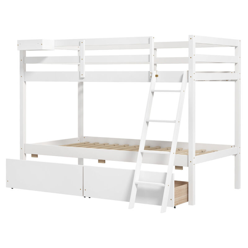 Twin Over Twin Bunk Bed Wood Bed Frame with 2 Storage Drawers and Ladder-White