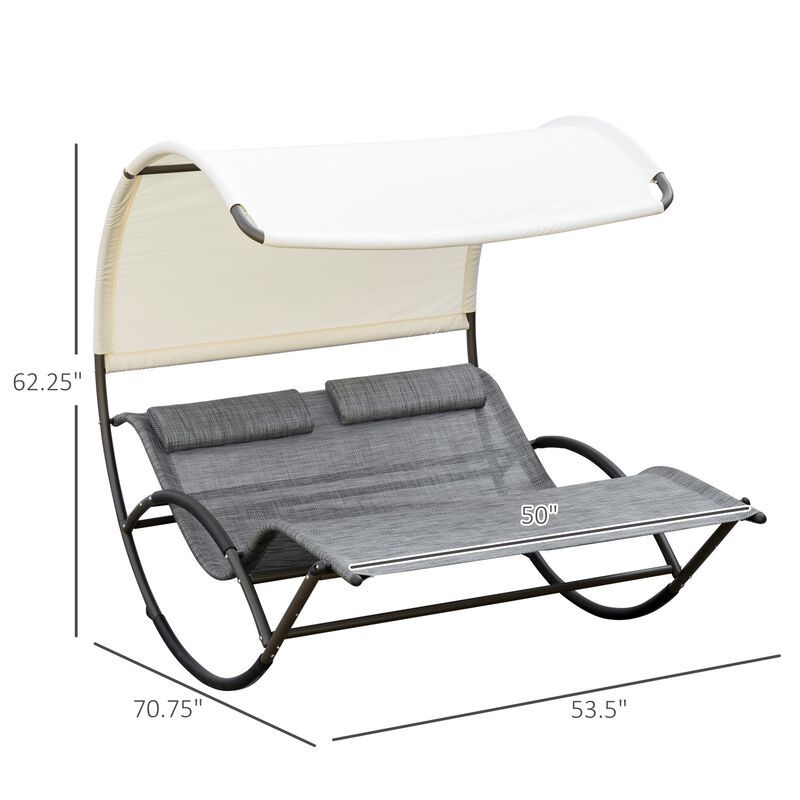 Double Outdoor Rocking Bed, Patio Chaise Sun Lounger Bed for Two Person with Canopy, Detachable Headrestfor Sun Room, Garden, Poolside, Light Gray