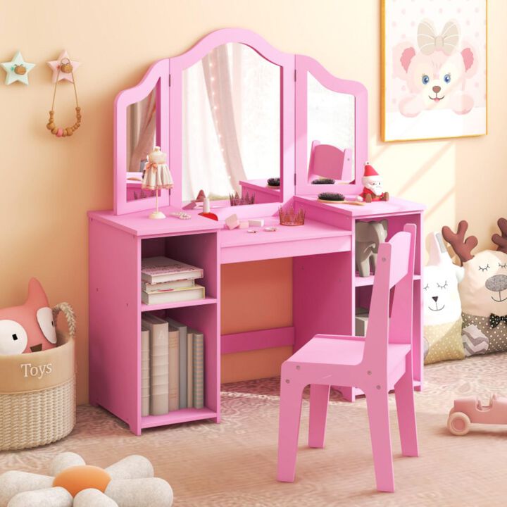 Hivvago Kids Vanity Table and Chair Set with Removable Tri-Folding Mirror