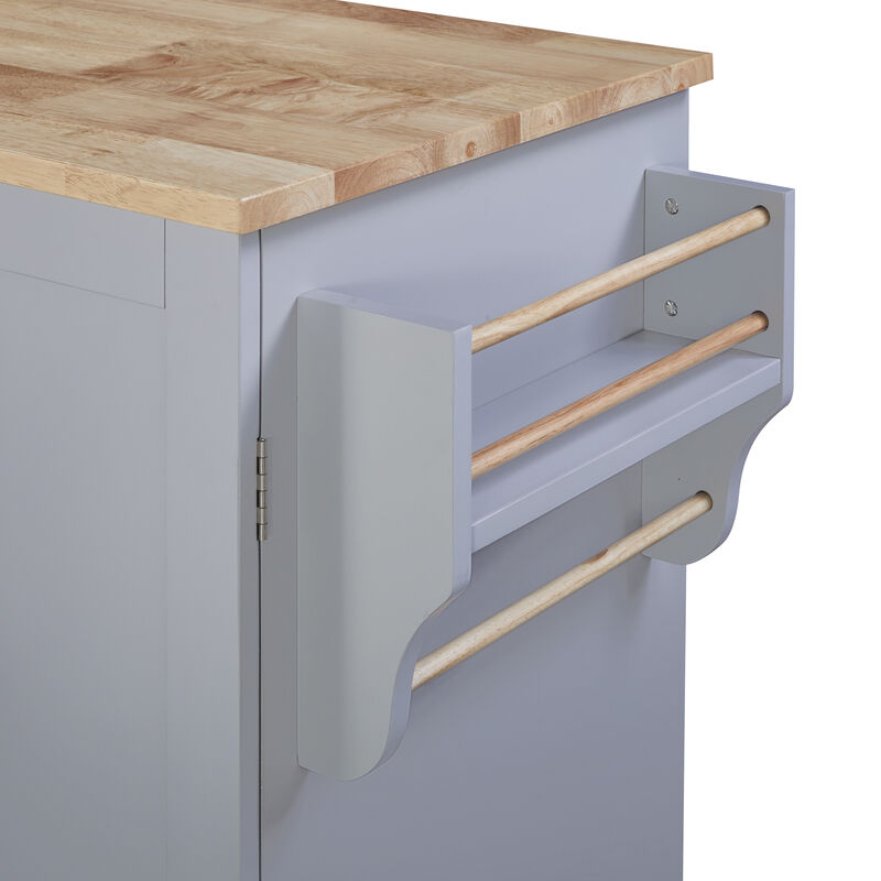 Rolling Kitchen Island with Storage, Kitchen Cart with Rubber Wood Top, 3 Drawer, 2 Slide-Out Shelf and Internal Storage Rack, Kitchen Island on Wheels with Spice Rack & Tower Rack Grey Blue