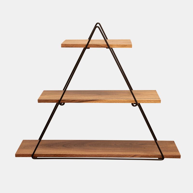 Zish 25 Inch Wall Shelf, 3 Wood Shelves, Triangle Metal Frame, Brown, Black - Benzara