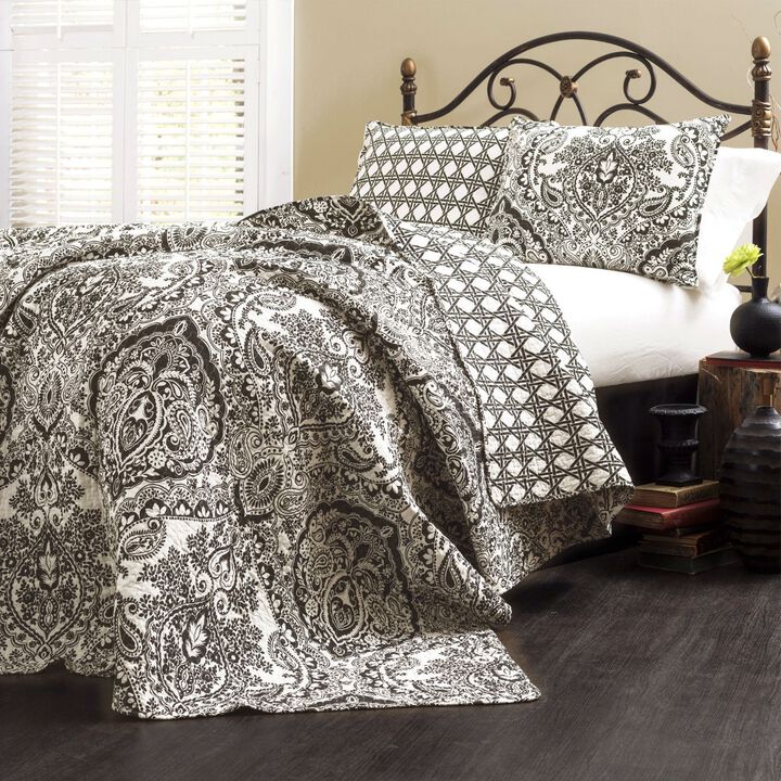 QuikFurn Queen size 3-Piece Quilt Set 100-Percent Cotton in Charcoal Damask