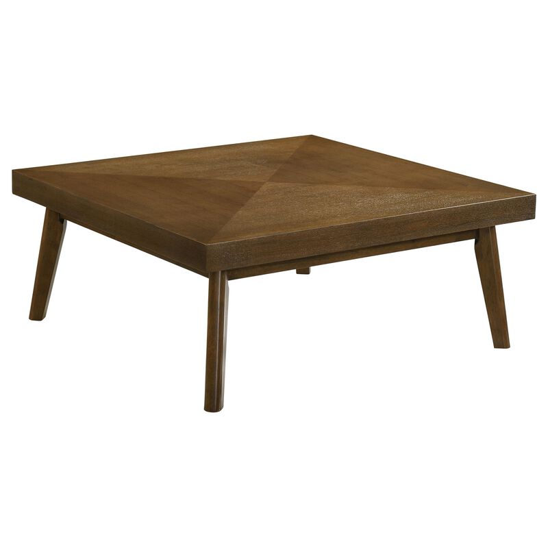 Layla Coffee Table, 39 Inch Square Top, Diamond Parquet, Walnut Brown Wood - Benzara