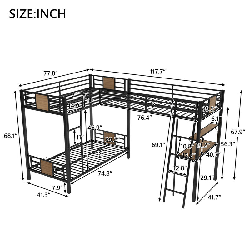 L-Shaped Twin Over Twin Bunk Bed With Twin Size Loft Bed With Desk And Shelf, Brown