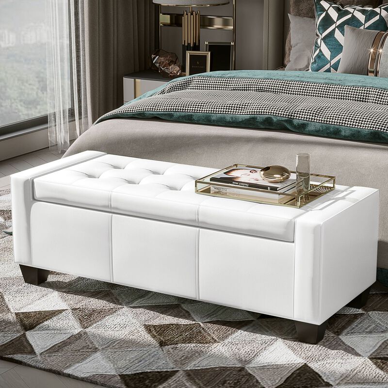 Sleek Multifunctional Bench: 50.5" White Faux Leather Ottoman with Storage