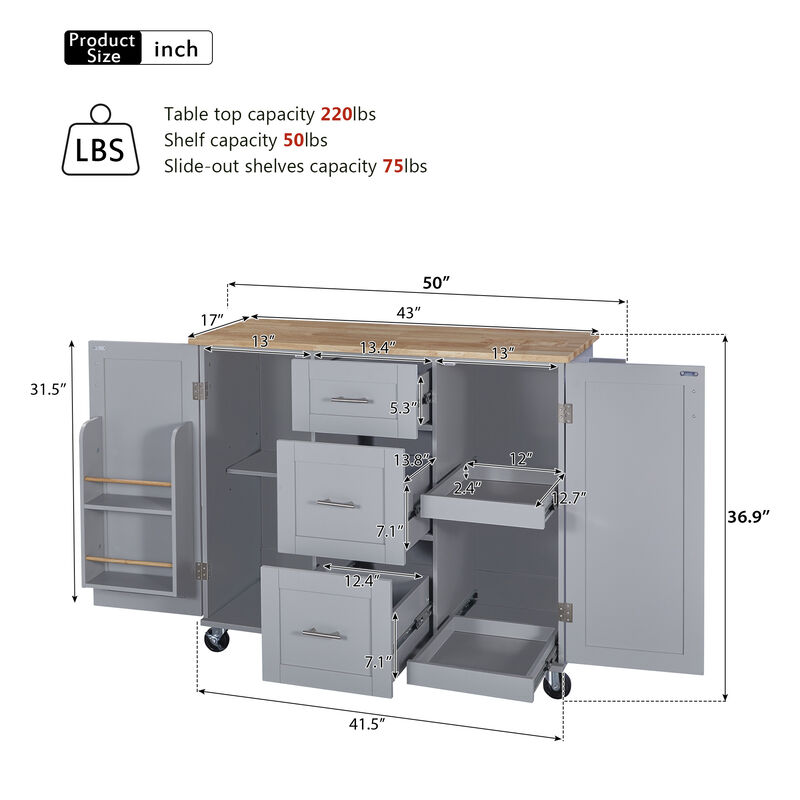 Rolling Kitchen Island with Storage, Kitchen Cart with Rubber Wood Top, 3 Drawer, 2 Slide-Out Shelf and Internal Storage Rack, Kitchen Island on Wheels with Spice Rack & Tower Rack Grey Blue