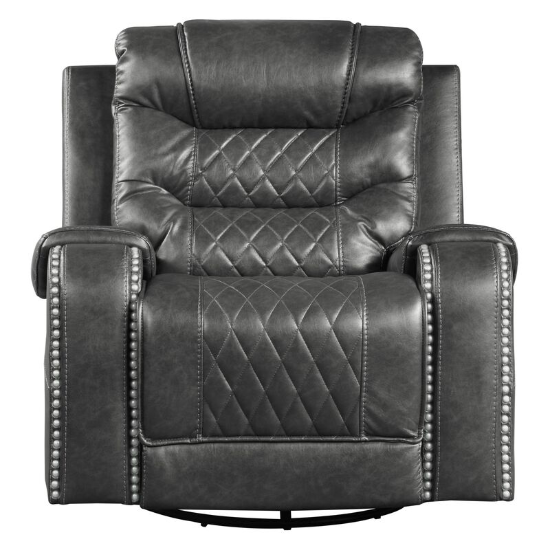 Paul 38 Inch Manual Swivel Glider Recliner Chair, Gray Faux Leather - Benzara