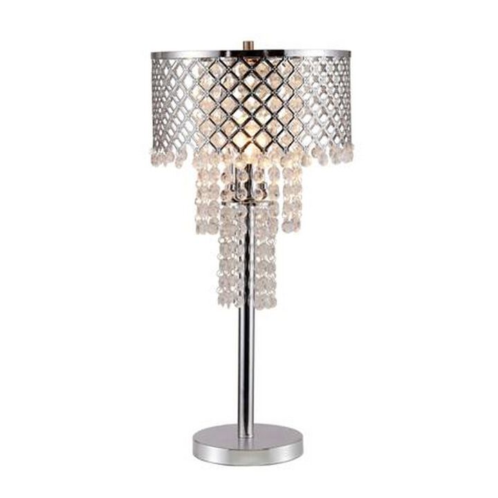 Denise 29 Inch Table Lamp, Glass, Metal Frame, Mesh Shade, Crystals, Gold - Benzara
