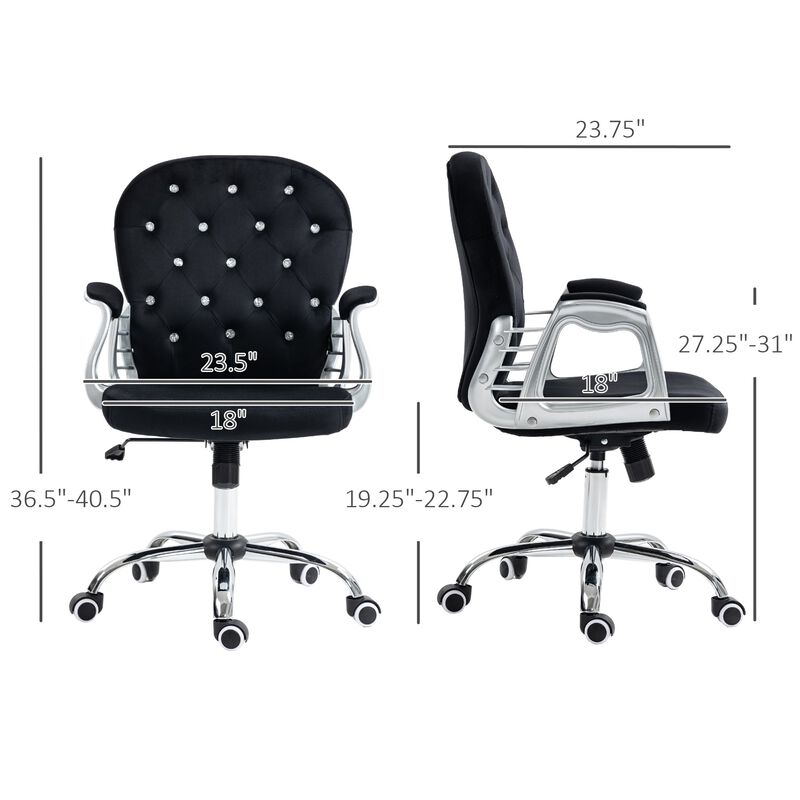 Velvet Home Office Chair with Button Tufted Design, Padded Armrests, Adjustable Height, and Swivel Wheels, in Black