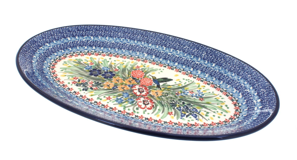 Blue Rose Polish Pottery Tulip Bouquet Oval Platter