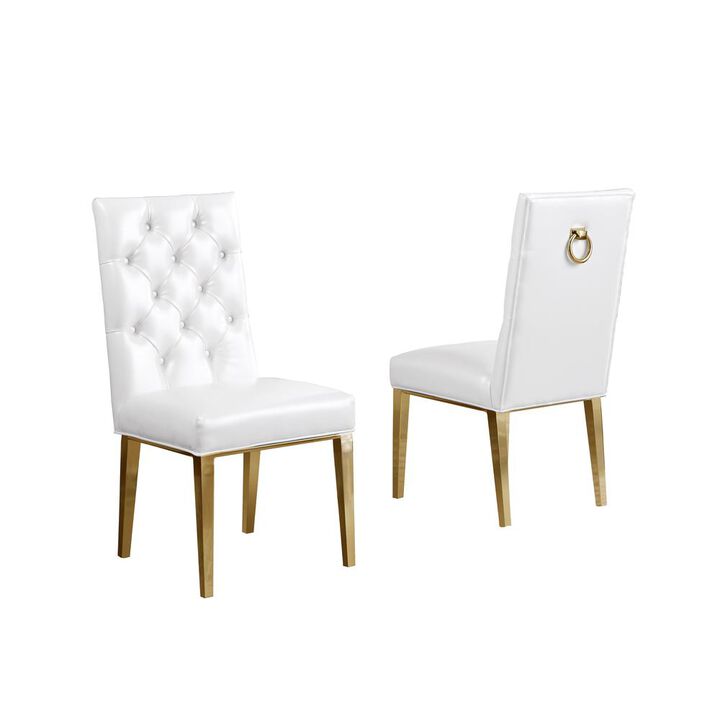 Best Quality Furniture White Faux Leather Tufted Dining Side Chairs, Chrome Gold Legs - Set Of 2