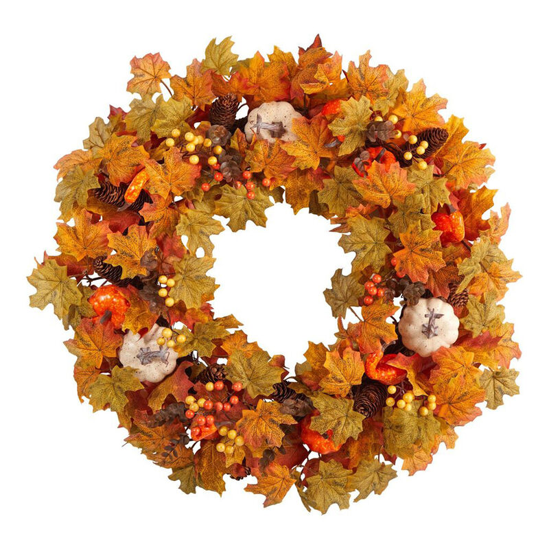 Nearly Natural 30-in Autumn Pumpkin and Maple Leaf Artificial Fall Wreath