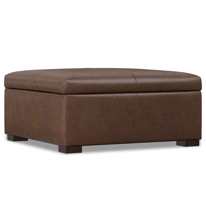 Gabbie 36 inch Wide Contemporary Square Square Coffee Table Storage Ottoman in Distressed Chestnut Brown Vegan Faux Leather, Assembled