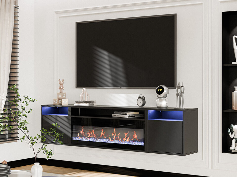 BELLEZE Floating Fireplace TV Stand Wall Mounted with 36" Electric Fireplace Heater, 70" LED Entertainment Center with Storage for TVs up to 75", Modern Media Console TV Shelf For Living Room (Black)