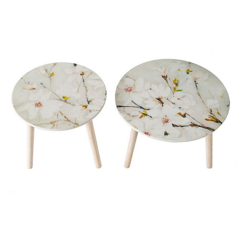 Byle 16, 20 Inch Side Table Set of 2, Floral Design, Cherry Blossom, White - Benzara