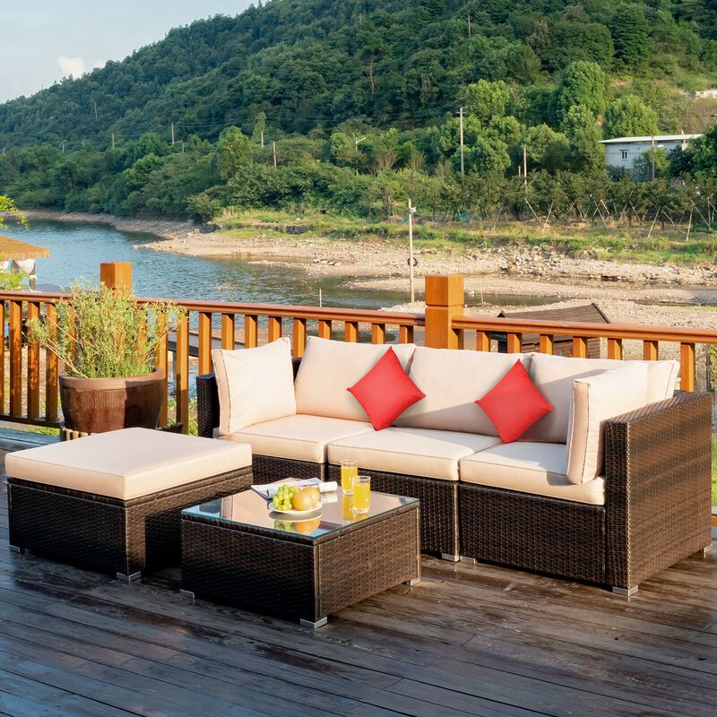 5 Pcs Outdoor Patio Rattan Furniture Set Sectional Conversation with Navy Cushions