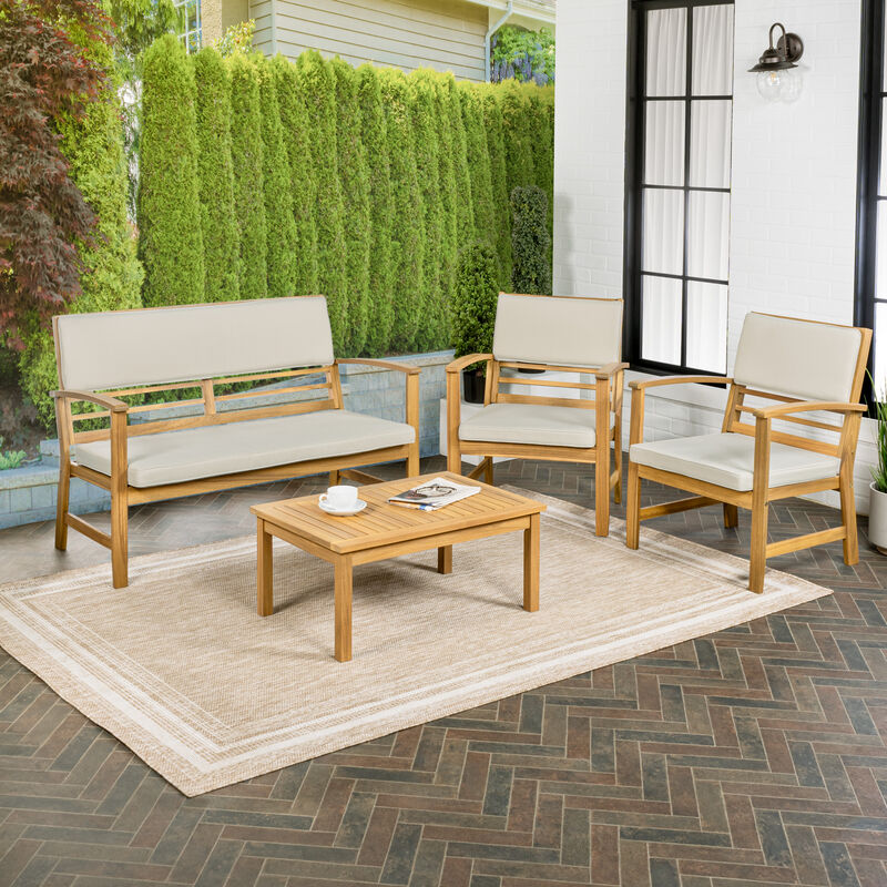 Barclay 4-Piece Modern Coastal Acacia Wood Conversation Outdoor Patio Set with Cushions, Navy/Teak Brown