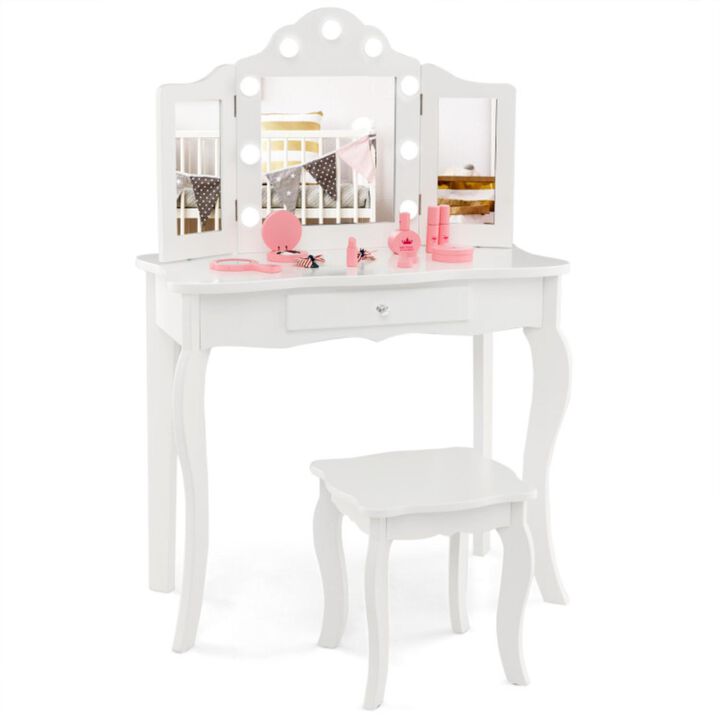 Hivvago Kid Vanity Table Stool Set with Tri-Folding Mirror and 3-Color LED Lights