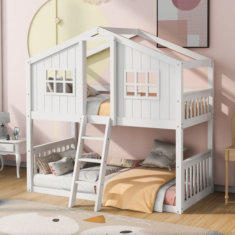 Twin Over Twin House Bunk Bed With Ladder, Wood Bed-Gray