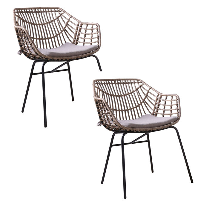 Niya Patio Chair Set of 2, Black Steel, Gray, Brown Outdoor Rattan Wicker