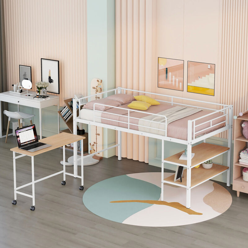 Twin Size Metal Loft Bed With Desk And Shelves