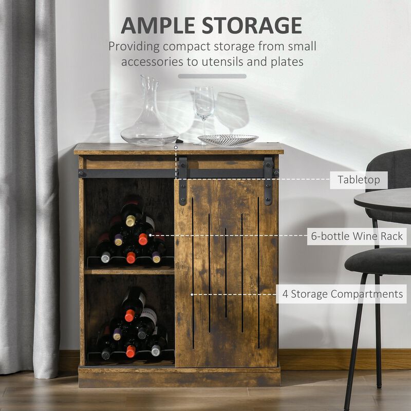 Industrial Sideboard Storage Cabinet, Serving Bar Buffet with Sliding Barn Door and 6-Bottle Wine Rack, Brown