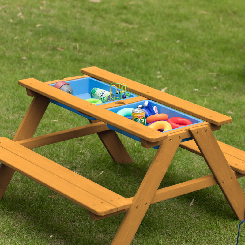 Convertible Wooden Sand and Water Table for your Toddlers Outdoor Playset Featuring 2 Play Box and a Removable Top that Transforms into Kids Picnic Table - Teak Stained