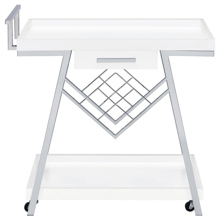 Kne 35 Inch Rolling Bar Cart, 2 Tier with Drawer, Stand, White Wood, Chrome - Benzara