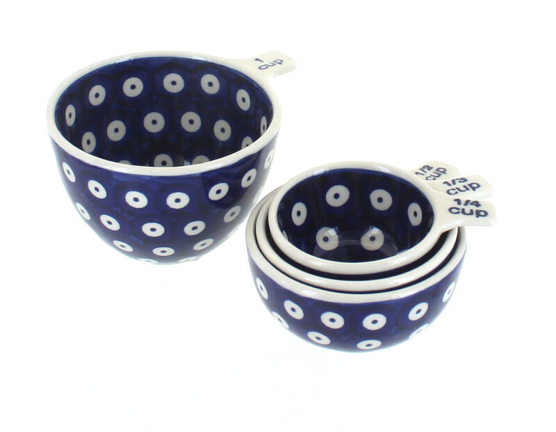 Blue Rose Polish Pottery Red Daisy Measuring Cup Set