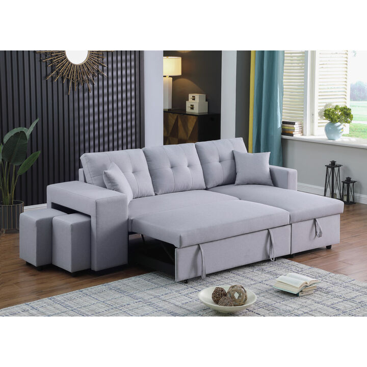 Dennis Light Gray Linen Fabric Reversible Sleeper Sectional with Storage Chaise and 2 Stools