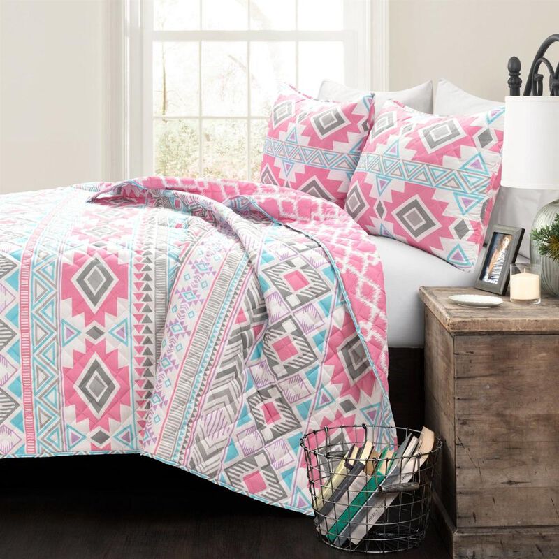 Southwest Style Polyester Pink Blue Striped Reversible Quilt Set