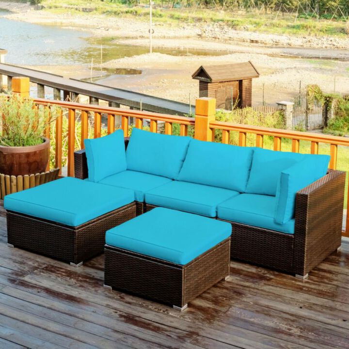 Hivvago 5 Pieces Patio Sectional Rattan Furniture Set with Ottoman Table