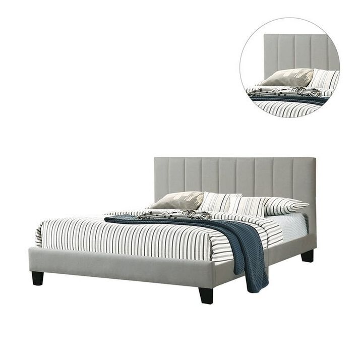 Eve Platform California King Bed, Deep Channel Tufted Light Gray Upholstery - Benzara