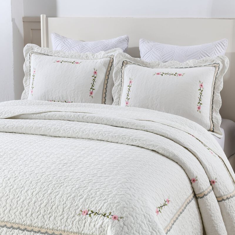 MarCielo 3-Piece 100% White Cotton Oversized Bedspread Set Coverlet Set Lightweight Quilt Set Sakura