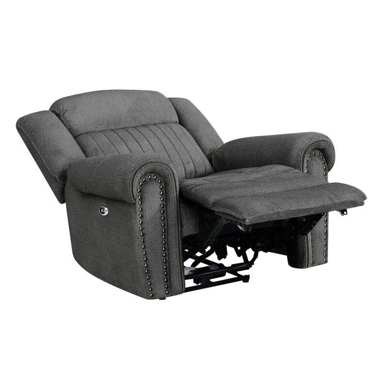 Ben 38 Inch Power Recliner Chair, Soft Cushions Gray Microfiber, Solid Wood - Benzara