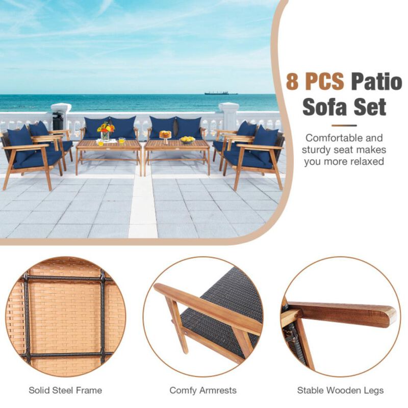 Hivvago 4 Pieces Acacia Wood Patio Rattan Furniture Set with Zippered Cushions