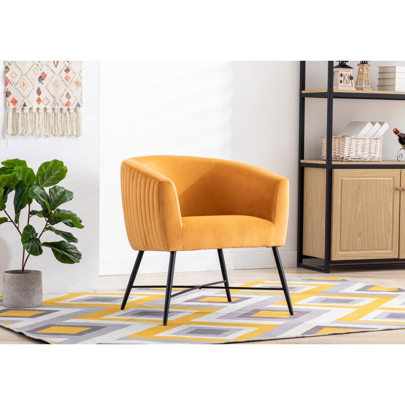 Luxurious Design 1pc Accent Chair Yellowish Orange Velvet Clean Line Design Fabric Upholstered Black Metal Legs Stylish Living Room Furniture