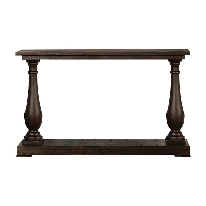 Aria 48 Inch Console Sofa Table, Plank Top, Turned Pedestal Base, Brown-Benzara