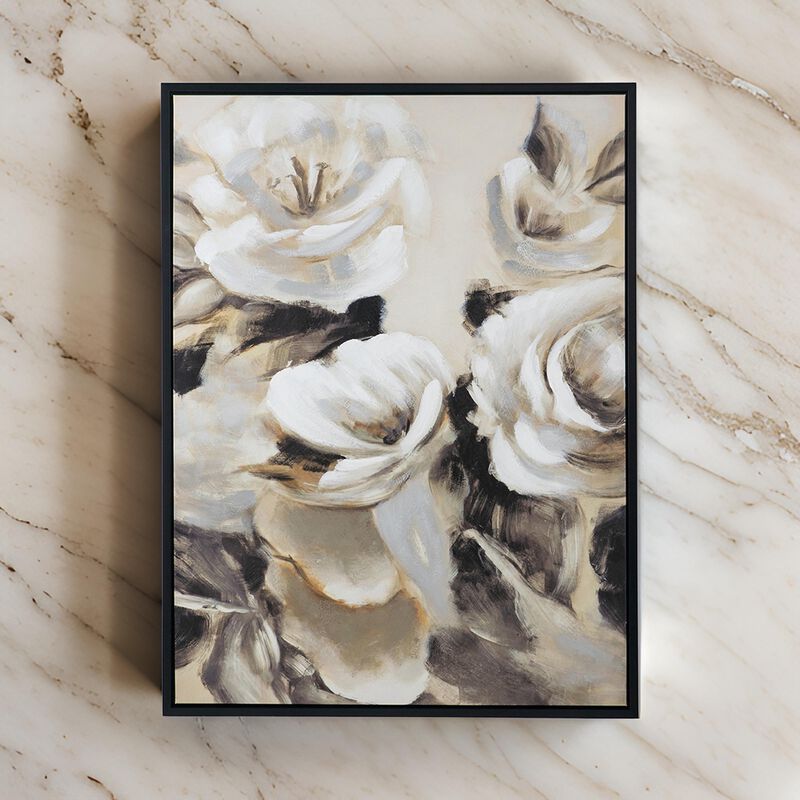 35 x 47 Framed Wall Art, Flower Print, Modern Style, Beige, Black, White - Benzara