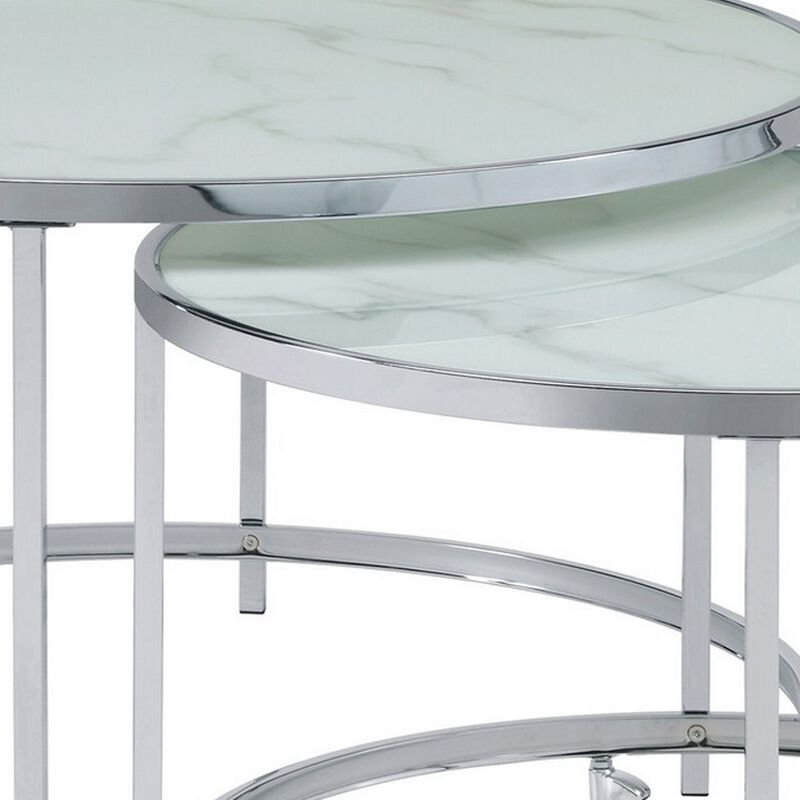 18 Inch Marbled Glass Nesting Accent Tables, Round Top, Metal, Set of 2 - Benzara