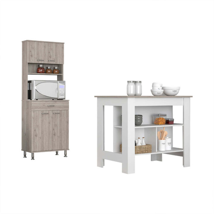 Newton 8-Shelf 1-Drawer 2-piece Kitchen Set, Kitchen Island and Pantry Cabinet White and Light Gray