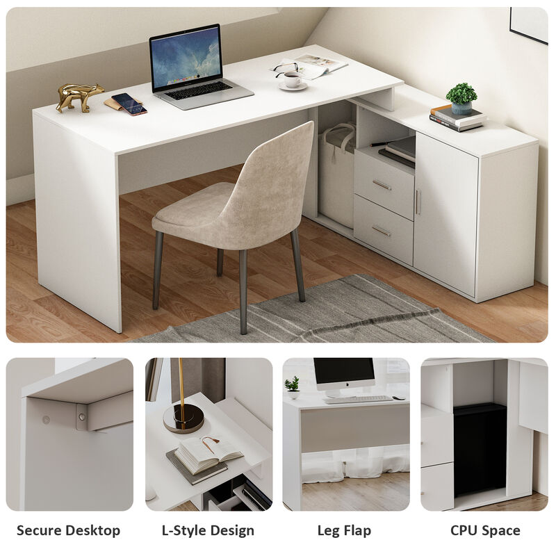 55.1" Wx29.4"H : White "L" Shape MDF Computer Desk with 2-Drawer, Open Shelves & Cabinet