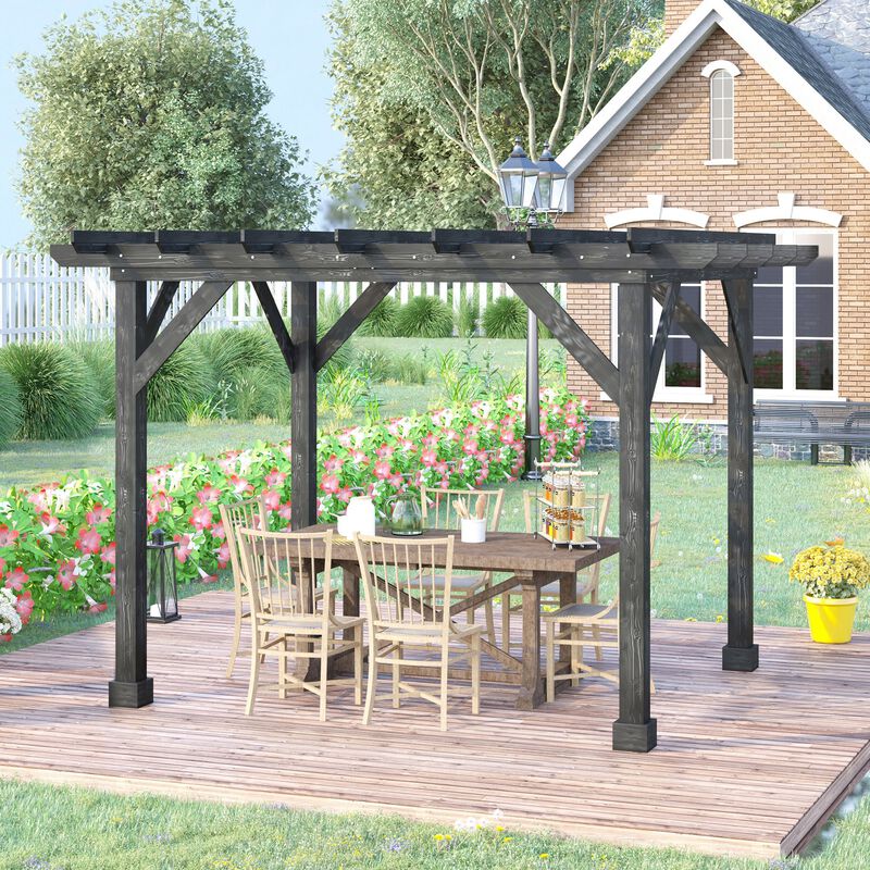 Black Outdoor Pavilion: 12'x10' Wood Pergola for Patio and Garden