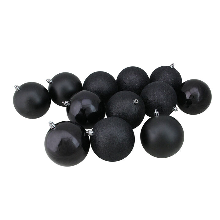 12ct Black Shatterproof 4-Finish Christmas Ball Ornaments 4" (100mm)