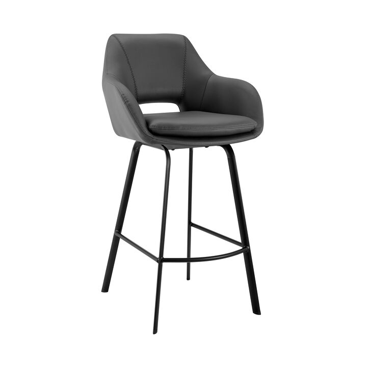 Aura Gray Faux Leather and Black Metal Swivel Bar Stool
