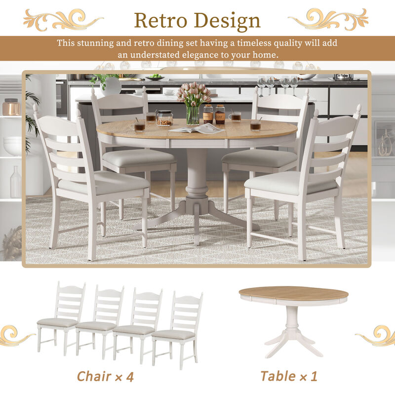 5-Piece Retro Functional Dining Table Set Wood Round Extendable Dining Table and 4 Upholstered Dining Chairs (Off White)