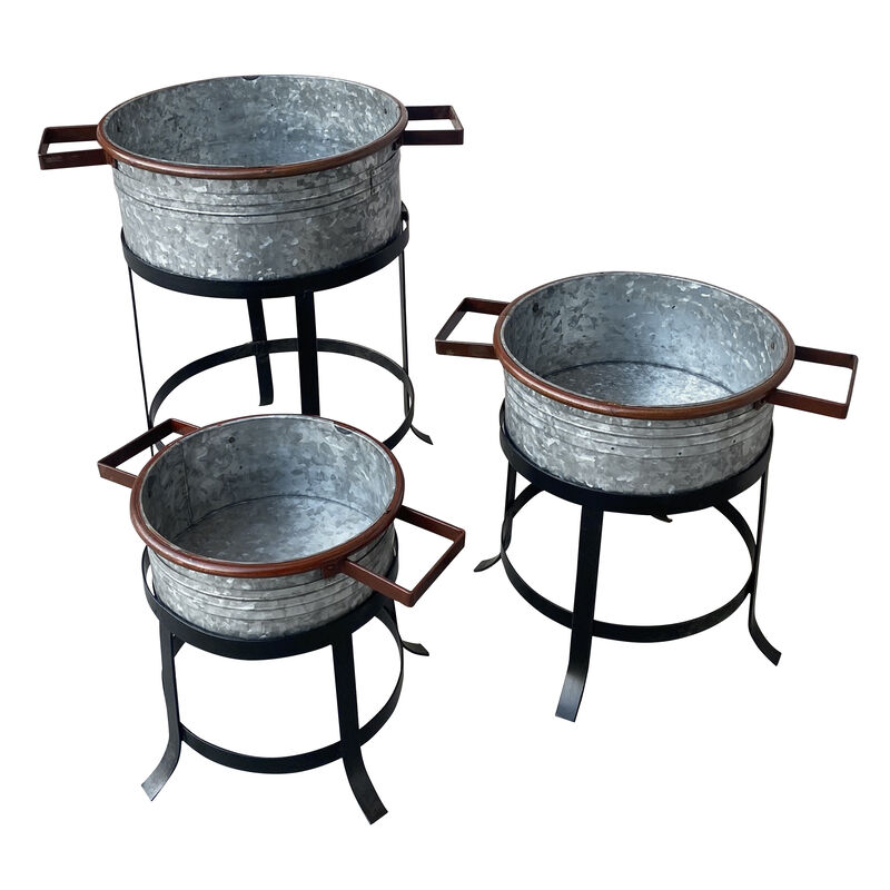 21, 18, and 16 Inch 3 Piece Round Tub Metal Planter Set with Stand in Galvanized Gray and Black Iron-Benzara