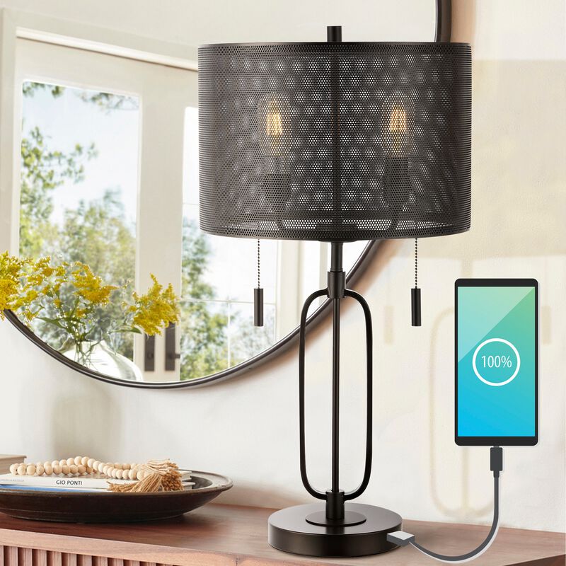 Hank 27" 2-Light Industrial Farmhouse Iron LED Table Lamp with USB Charging Port, Oil Rubbed Bronze