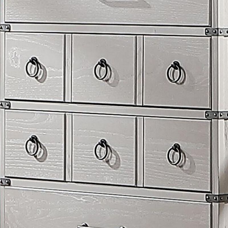 5 Drawer Wooden Chest with Metal Braces, Light Gray